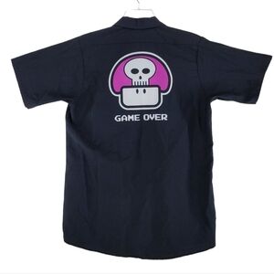VTG Nintendo Work Shirt Mens M GAME OVER 2003 Black Button Up Short Sleeves RARE